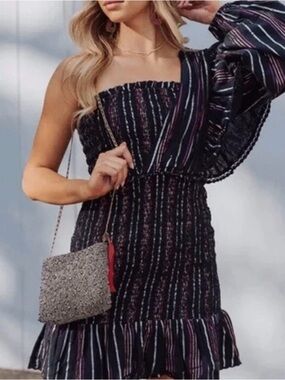 FARM Rio | Black with Metallic Stripes Mini Dress One Shoulder | NWT Size Medium